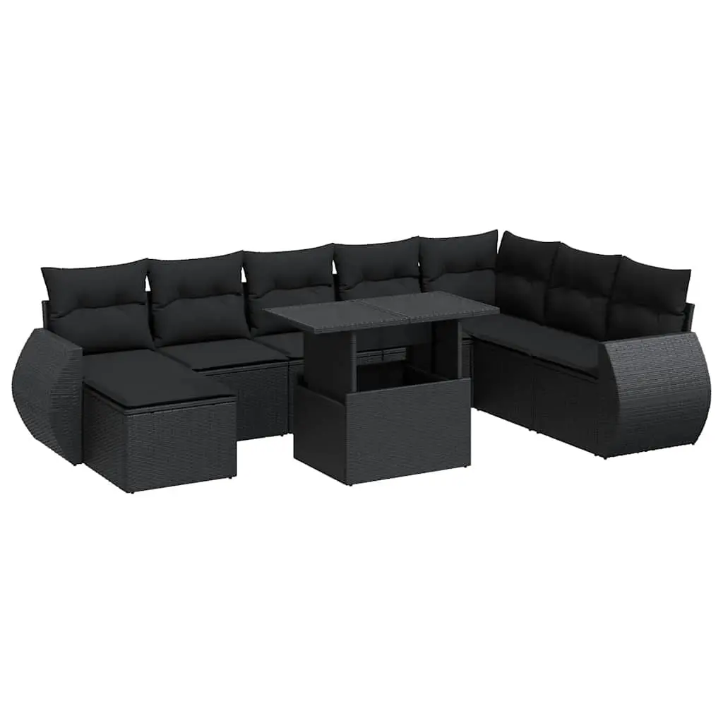 9 Piece Garden Sofa Set with Cushions Black Poly Rattan 3326686 - Furniture