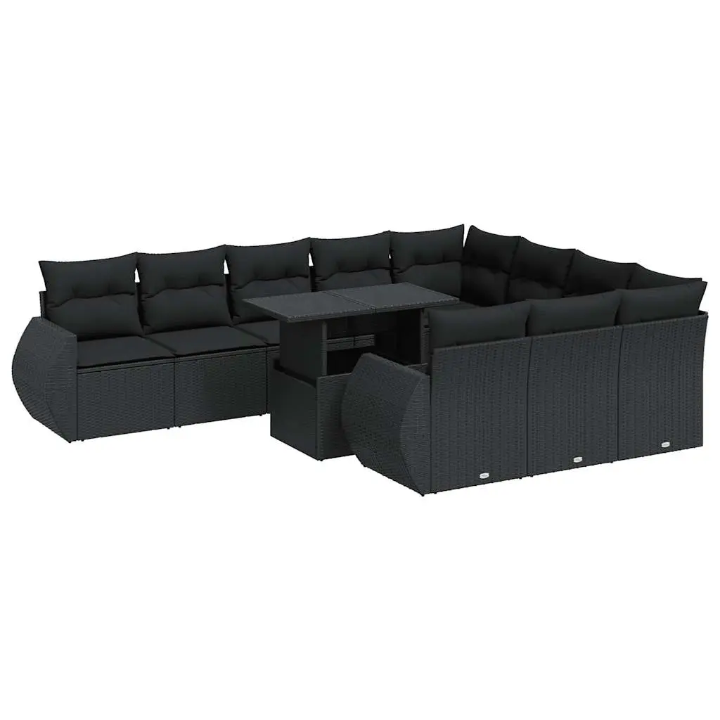 11 Piece Garden Sofa Set with Cushions Black Poly Rattan 3326706 - Furniture