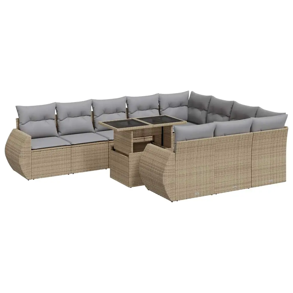 11 Piece Garden Sofa Set with Cushions Beige Poly Rattan 3326710 - Furniture