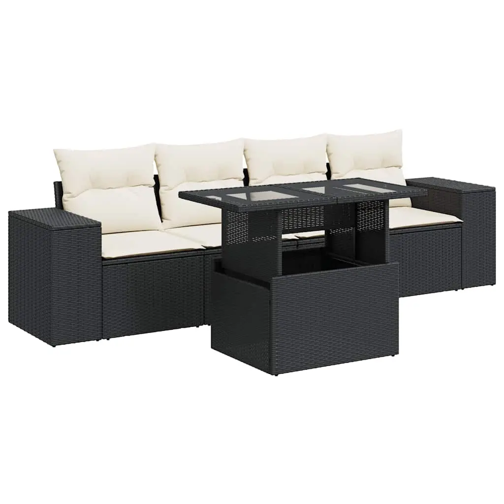 5 Piece Garden Sofa Set with Cushions Black Poly Rattan 3326717 - Furniture