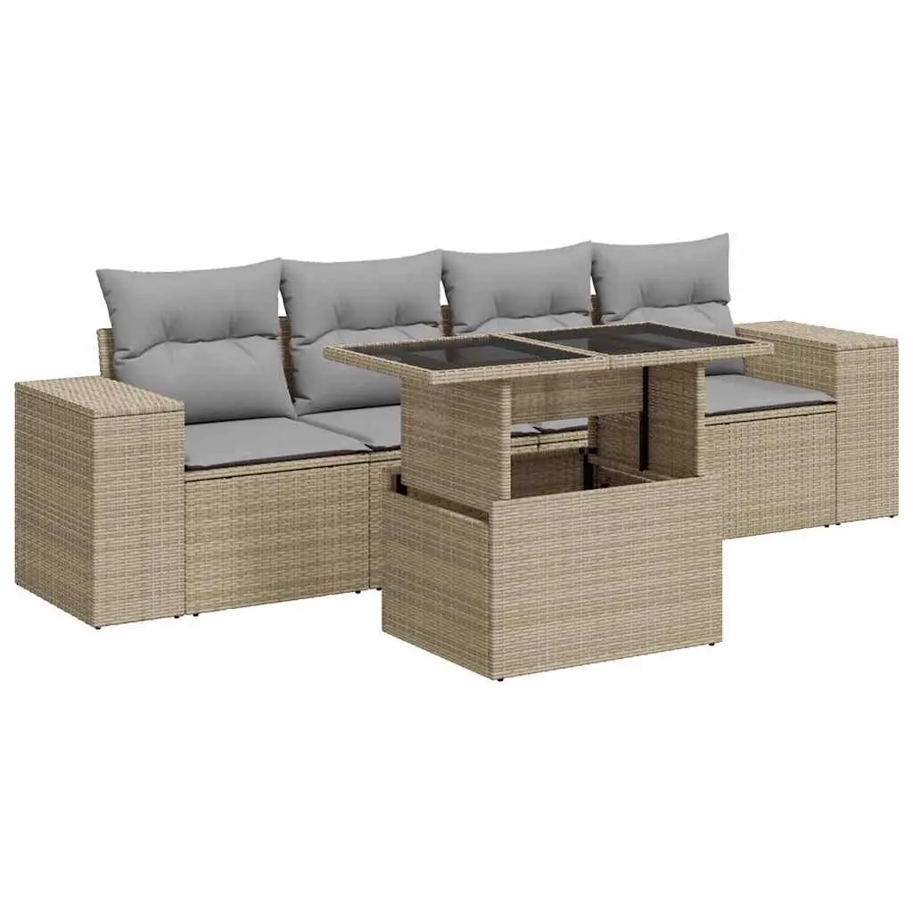 5 Piece Garden Sofa Set with Cushions Beige Poly Rattan 3326720 - Furniture