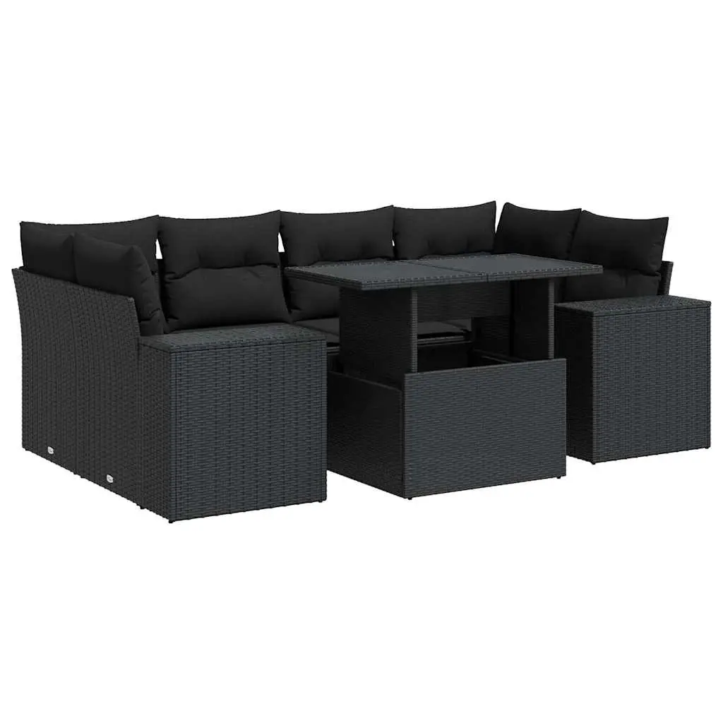 7 Piece Garden Sofa Set with Cushions Black Poly Rattan 3326746 - Furniture