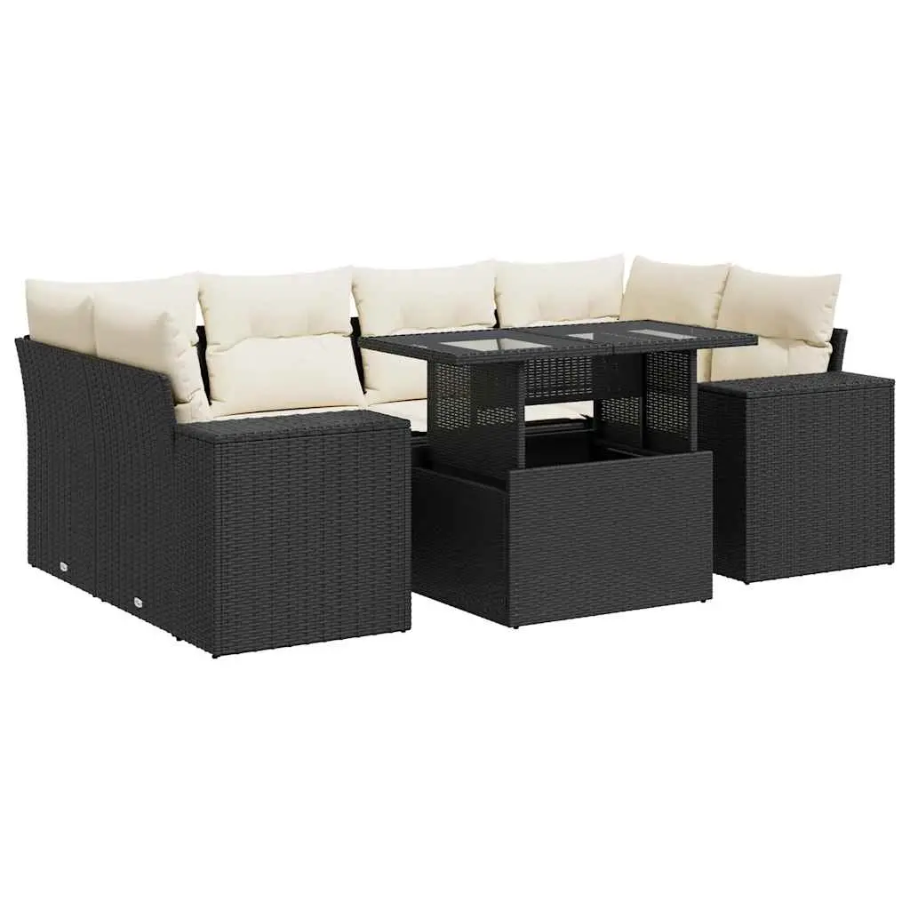 7 Piece Garden Sofa Set with Cushions Black Poly Rattan 3326747 - Furniture