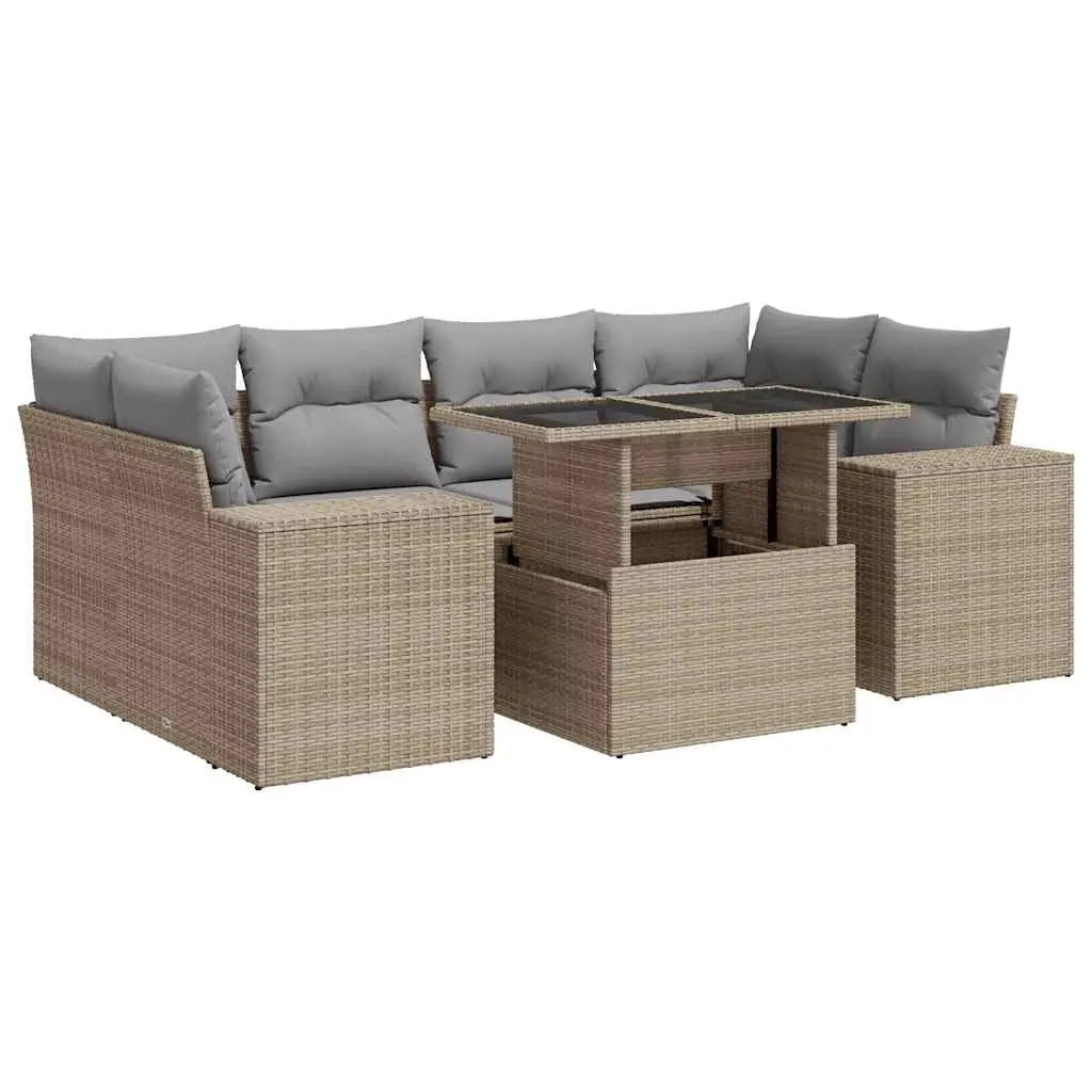 7 Piece Garden Sofa Set with Cushions Beige Poly Rattan 3326750 - Furniture