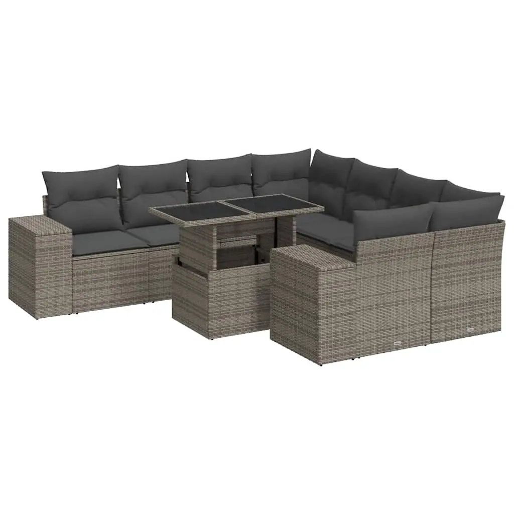 9 Piece Garden Sofa Set with Cushions Grey Poly Rattan 3326771 - Furniture