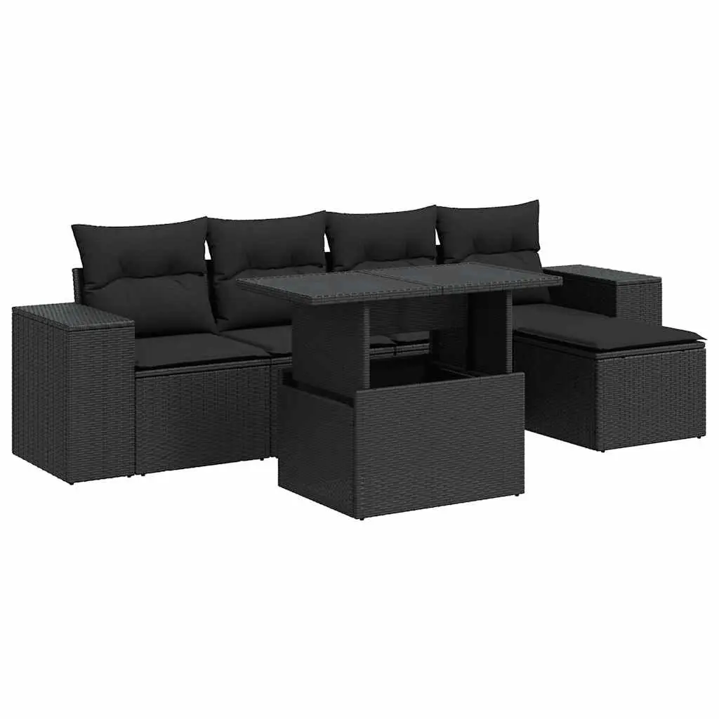 6 Piece Garden Sofa Set with Cushions Black Poly Rattan 3326776 - Furniture