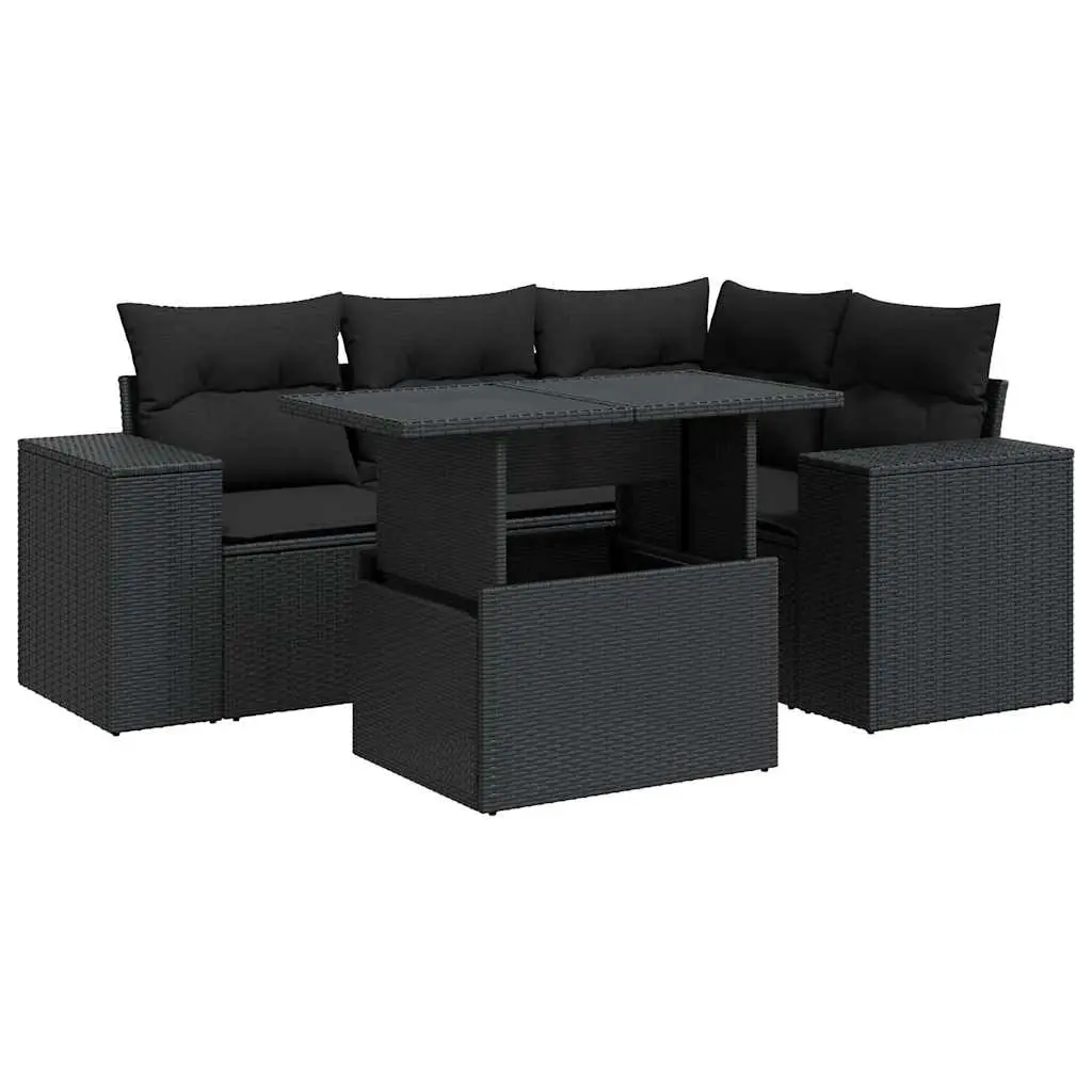 5 Piece Garden Sofa Set with Cushions Black Poly Rattan 3326786 - Furniture