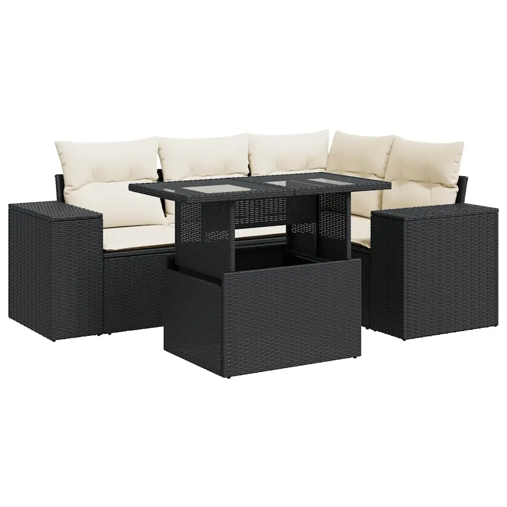 5 Piece Garden Sofa Set with Cushions Black Poly Rattan 3326787 - Furniture