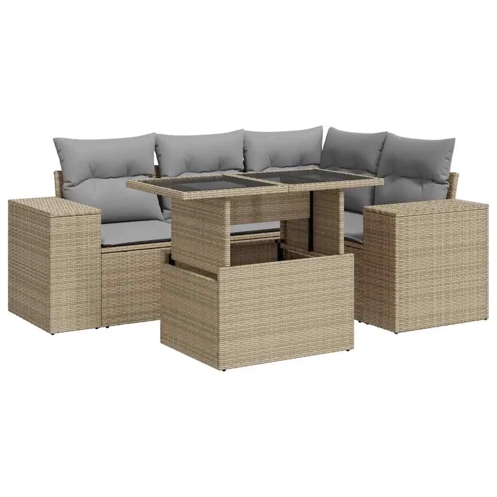5 Piece Garden Sofa Set with Cushions Beige Poly Rattan 3326790 - Furniture