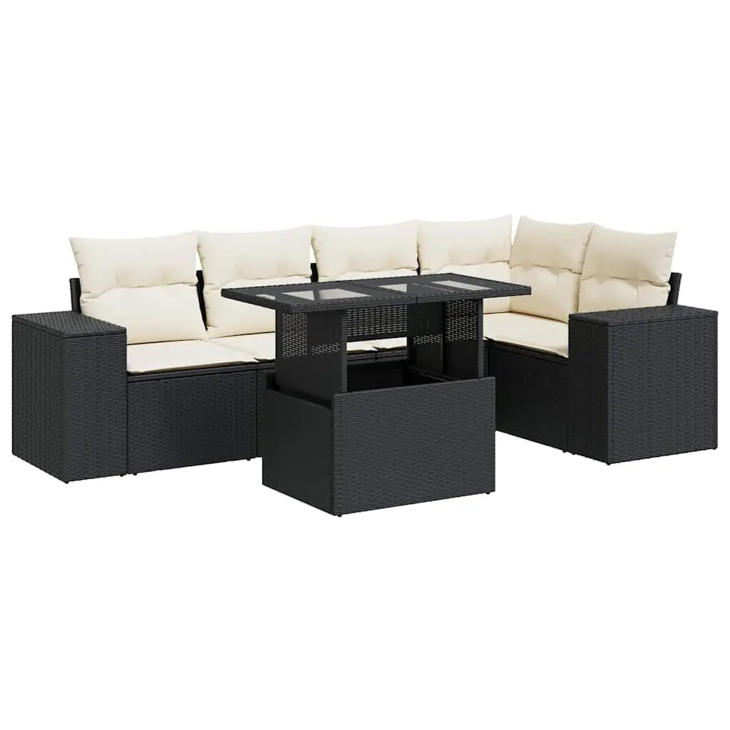 6 Piece Garden Sofa Set with Cushions Black Poly Rattan 3326797 - Furniture