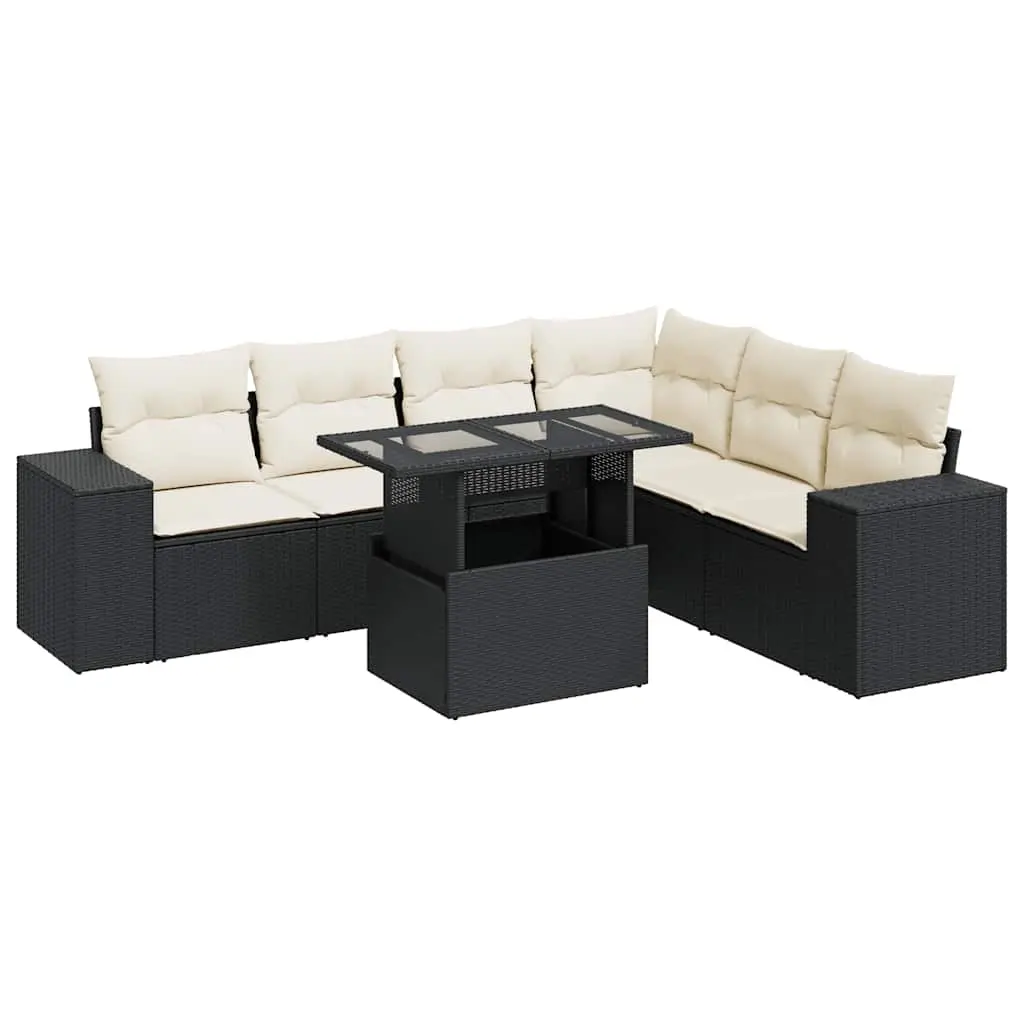 7 Piece Garden Sofa Set with Cushions Black Poly Rattan 3326807 - Furniture
