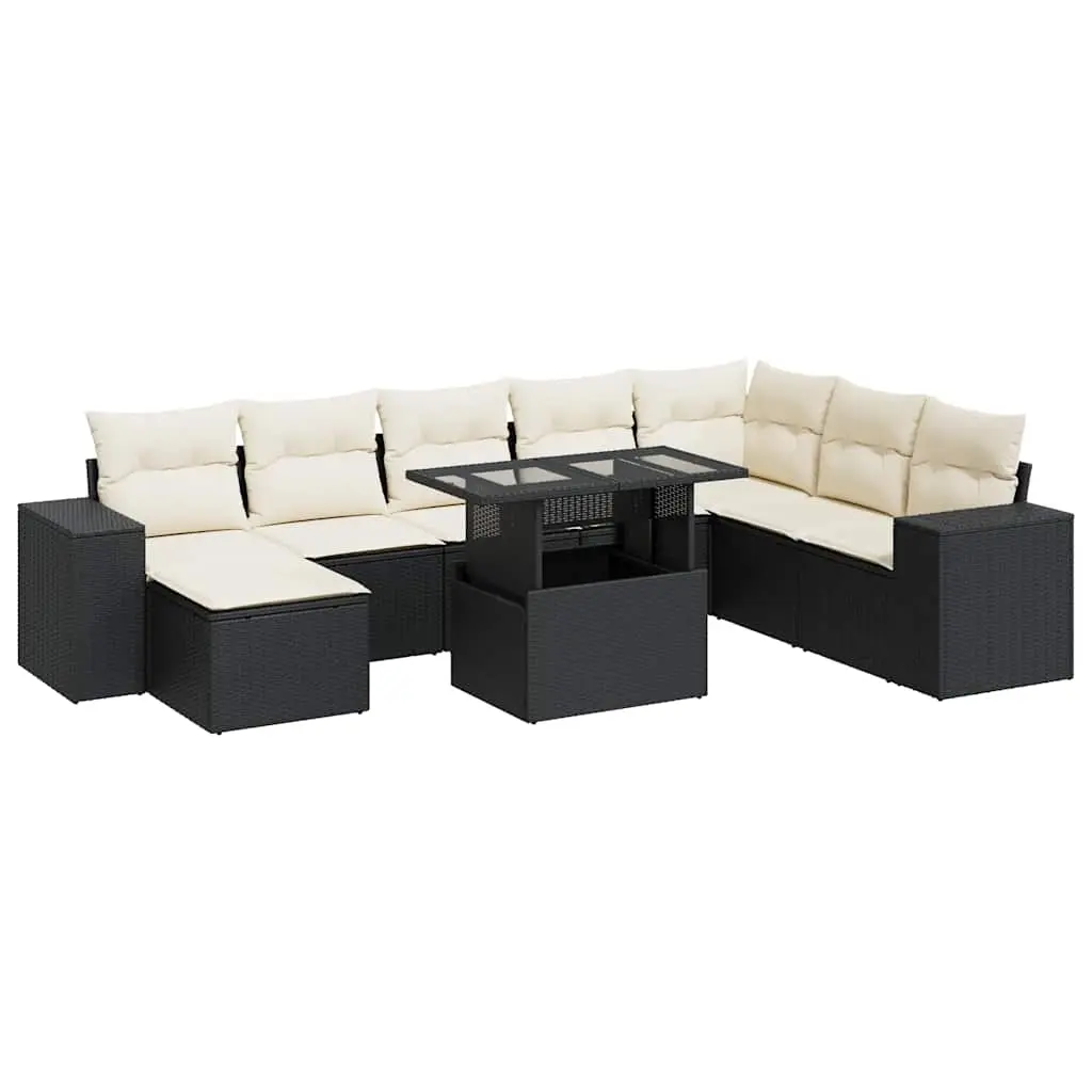 9 Piece Garden Sofa Set with Cushions Black Poly Rattan 3326847 - Furniture