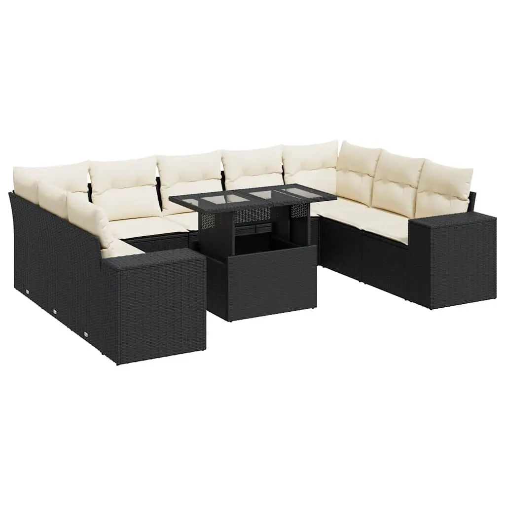 10 Piece Garden Sofa Set with Cushions Black Poly Rattan 3326857 - Furniture