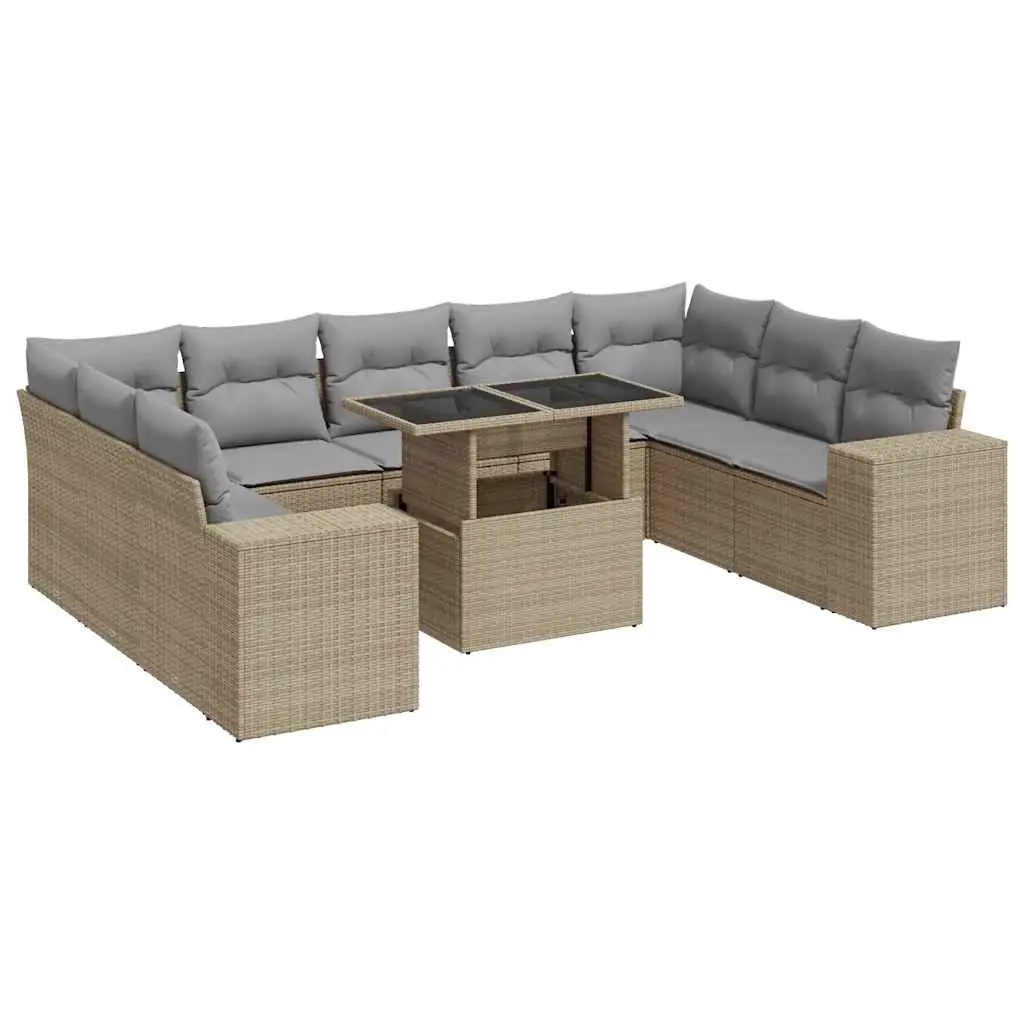 10 Piece Garden Sofa Set with Cushions Beige Poly Rattan 3326860 - Furniture