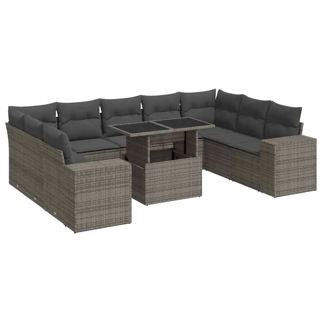 10 Piece Garden Sofa Set with Cushions Grey Poly Rattan 3326861 - Furniture