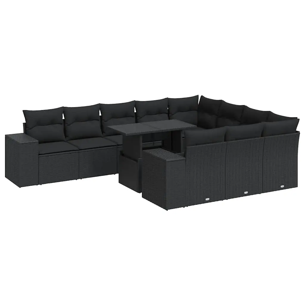 11 Piece Garden Sofa Set with Cushions Black Poly Rattan 3326866 - Furniture