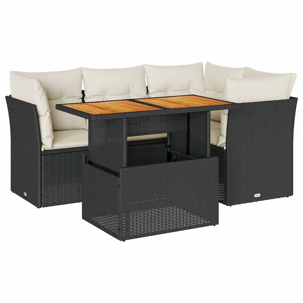 5 Piece Garden Sofa Set with Cushions Black Poly Rattan 3326919 - Furniture