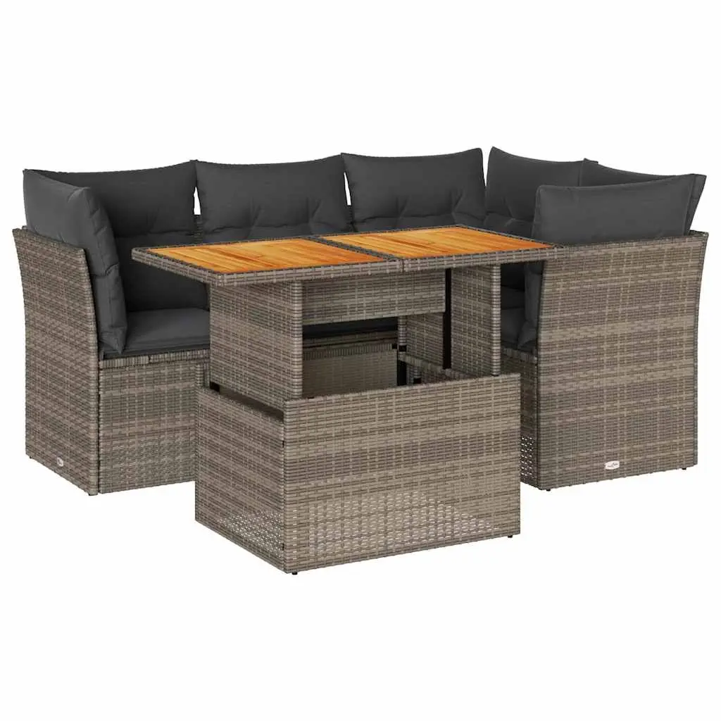 5 Piece Garden Sofa Set with Cushions Grey Poly Rattan 3326923 - Furniture