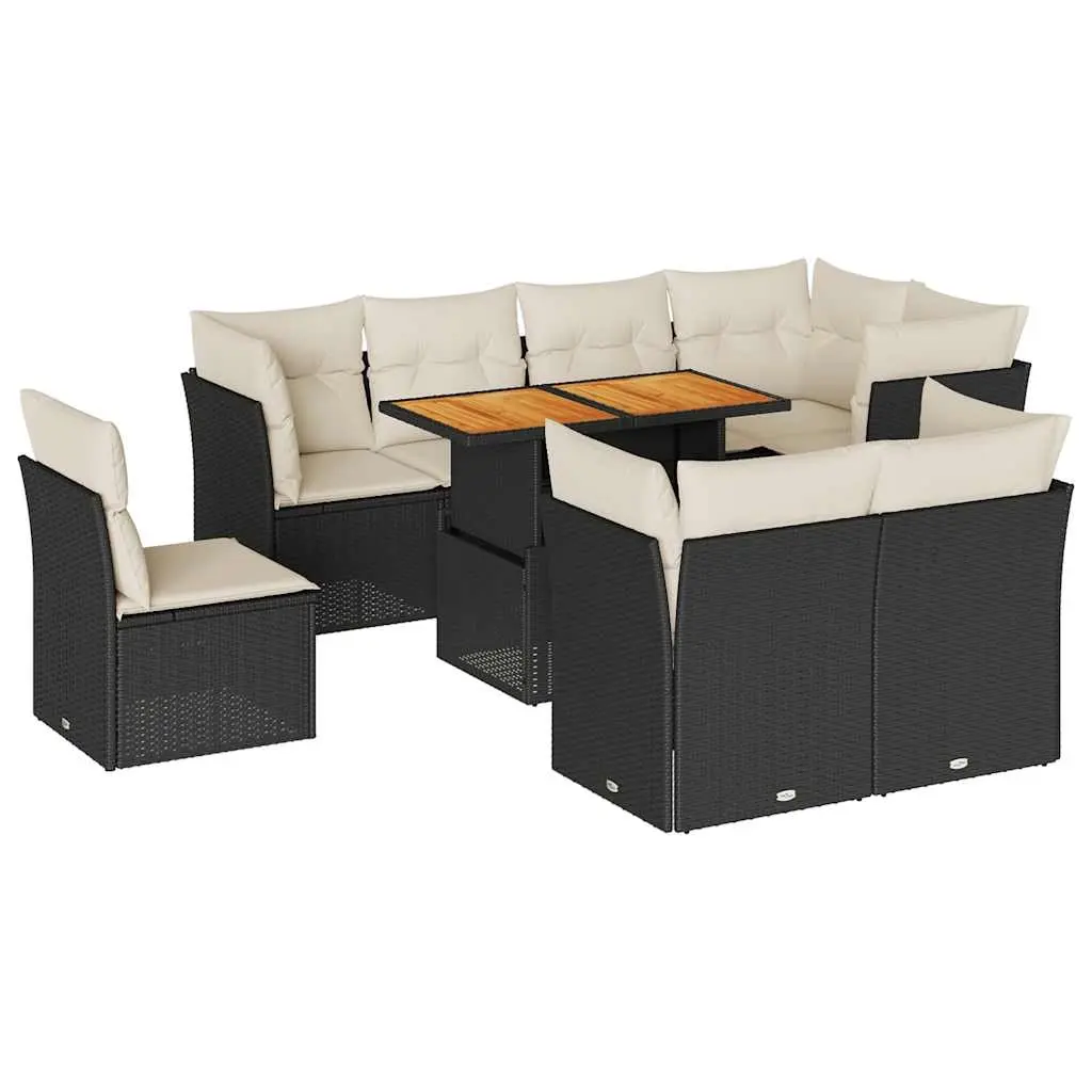 9 Piece Garden Sofa Set with Cushions Black Poly Rattan 3326940 - Furniture