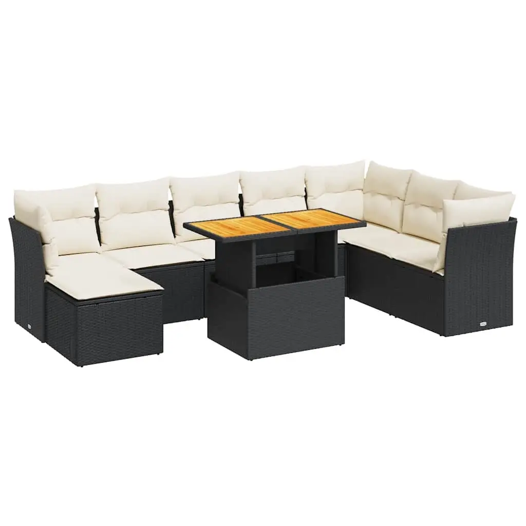 9 Piece Garden Sofa Set with Cushions Black Poly Rattan 3326961 - Furniture