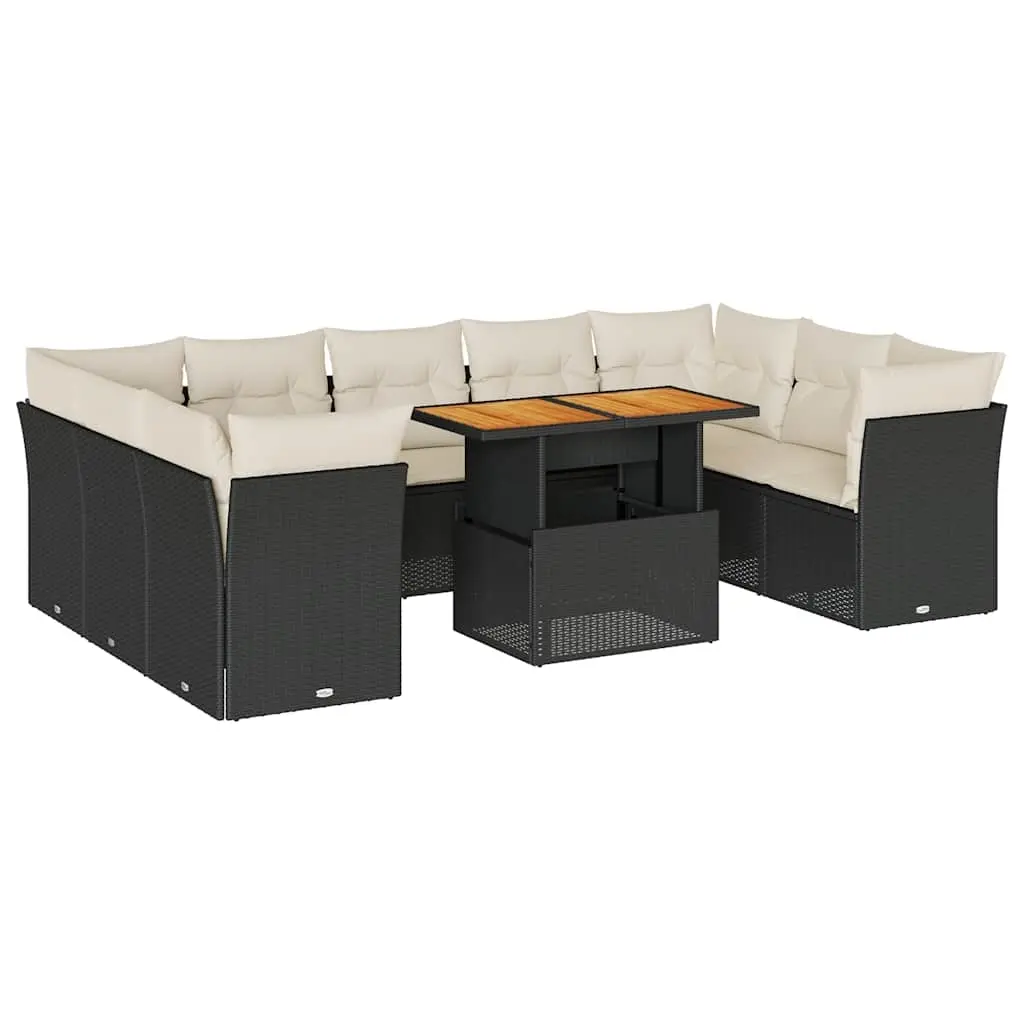 10 Piece Garden Sofa Set with Cushions Black Poly Rattan 3326968 - Furniture