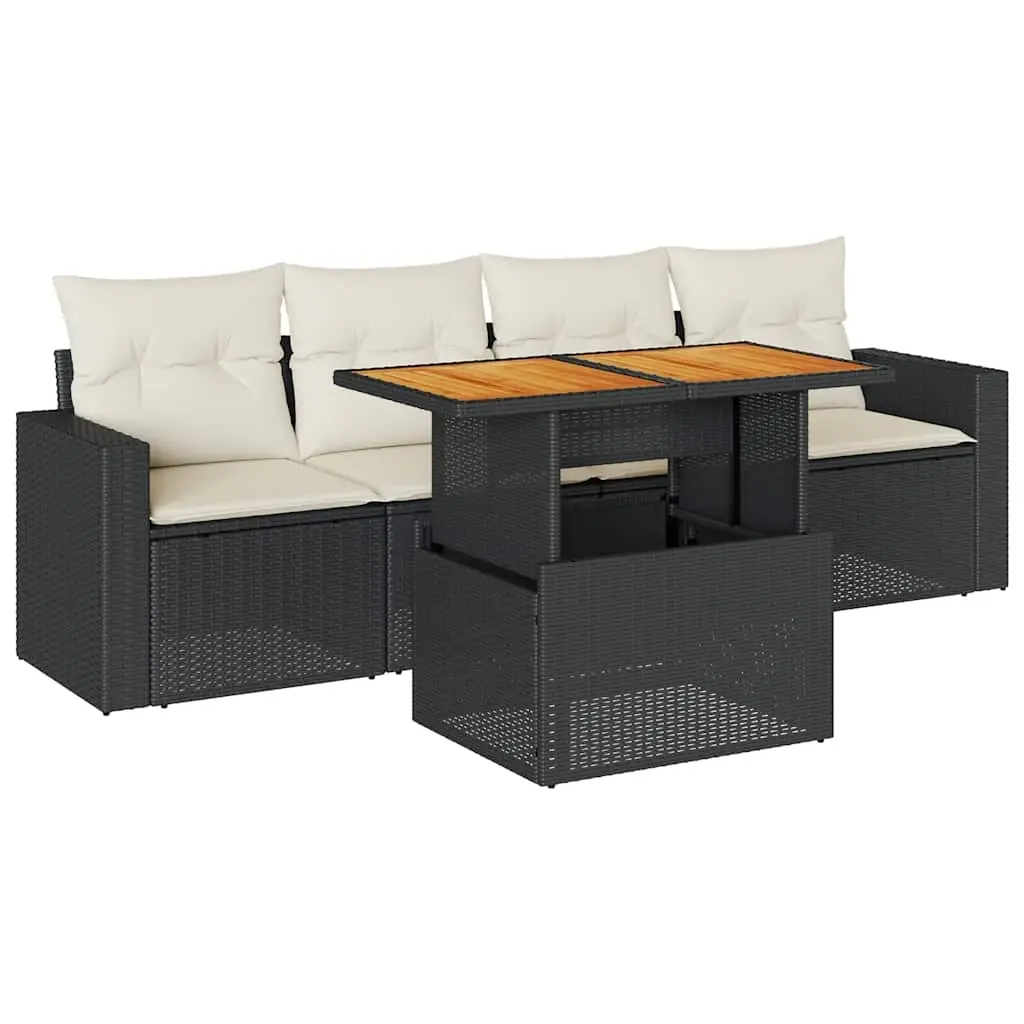 5 Piece Garden Sofa Set with Cushions Black Poly Rattan 3326982 - Furniture