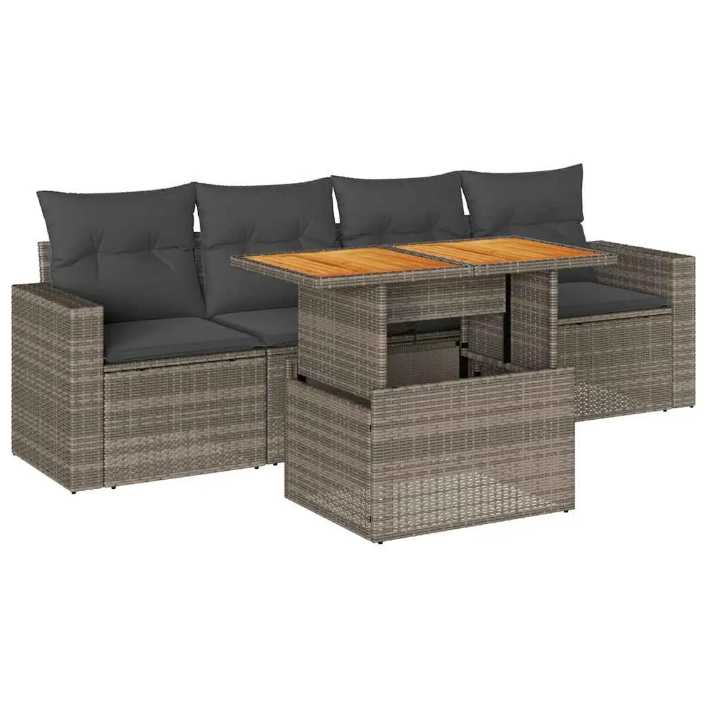 5 Piece Garden Sofa Set with Cushions Grey Poly Rattan 3326986 - Furniture
