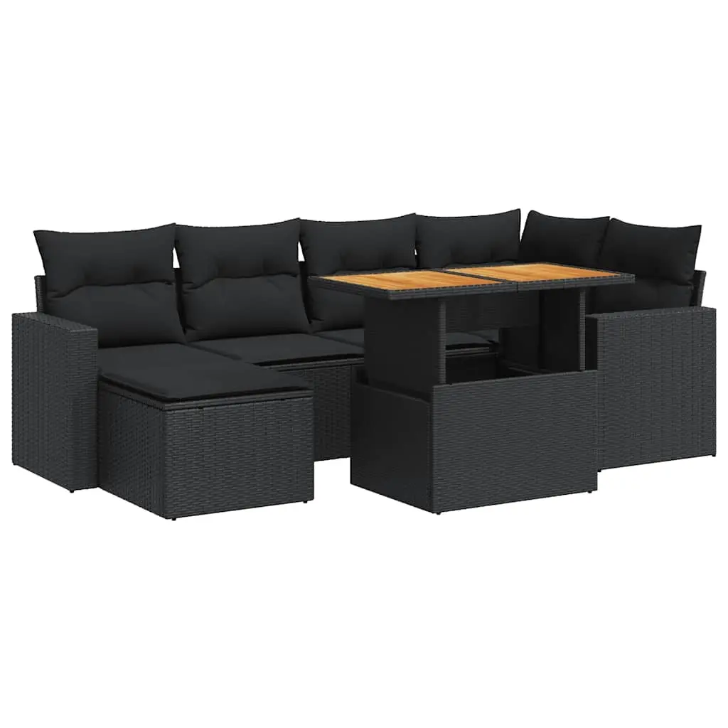 7 Piece Garden Sofa Set with Cushions Black Poly Rattan 3327058 - Furniture