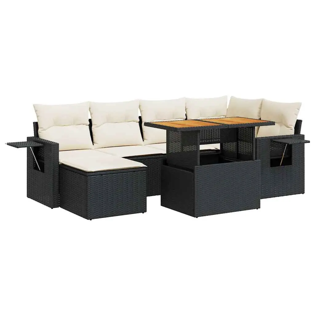 7 Piece Garden Sofa Set with Cushions Black Poly Rattan 3327171 - Furniture