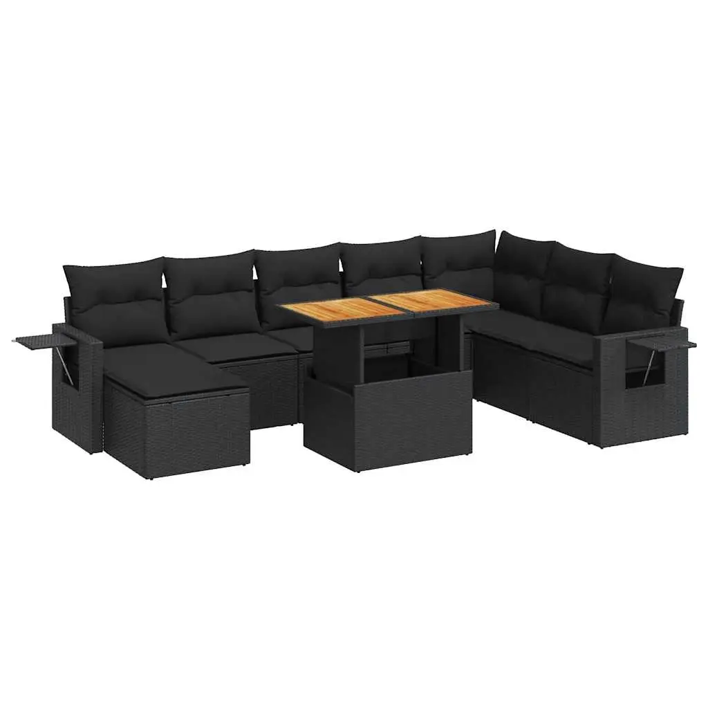 9 Piece Garden Sofa Set with Cushions Black Poly Rattan 3327184 - Furniture