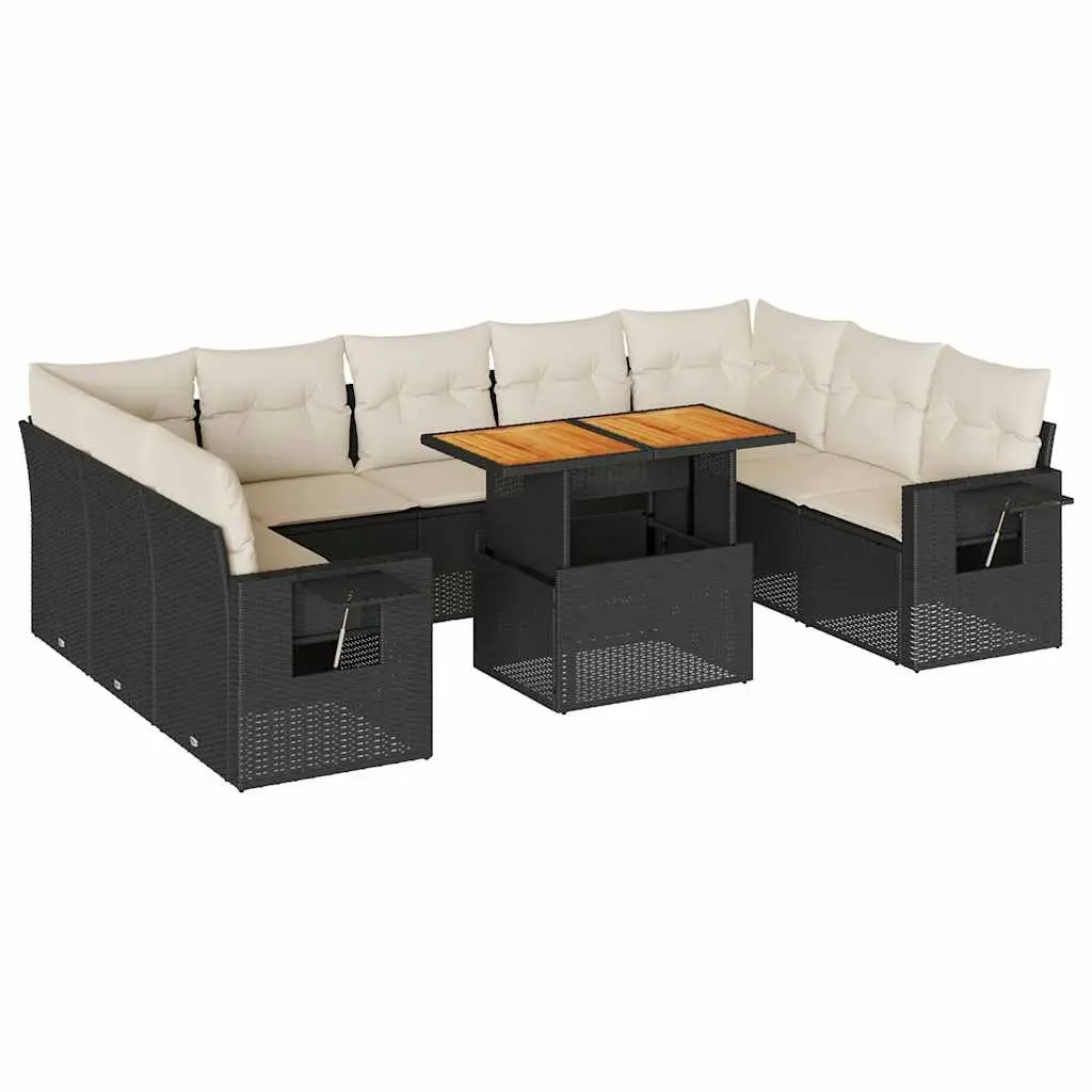 10 Piece Garden Sofa Set with Cushions Black Poly Rattan 3327192 - Furniture