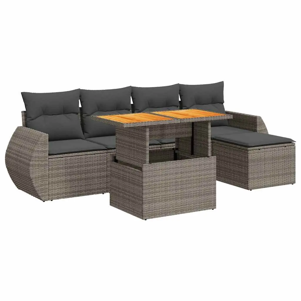 6 Piece Garden Sofa Set with Cushions Grey Poly Rattan 3327252 - Furniture