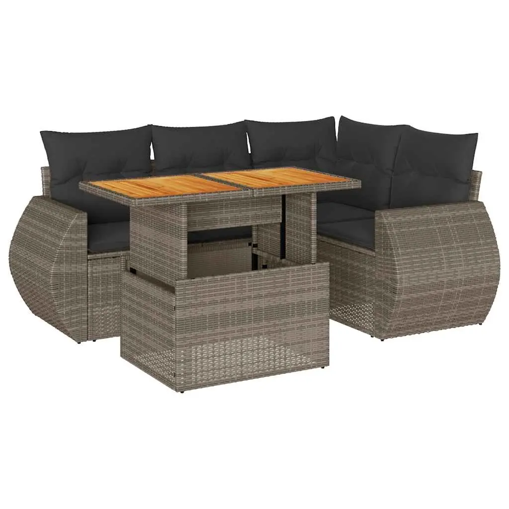 5 Piece Garden Sofa Set with Cushions Grey Poly Rattan 3327259 - Furniture
