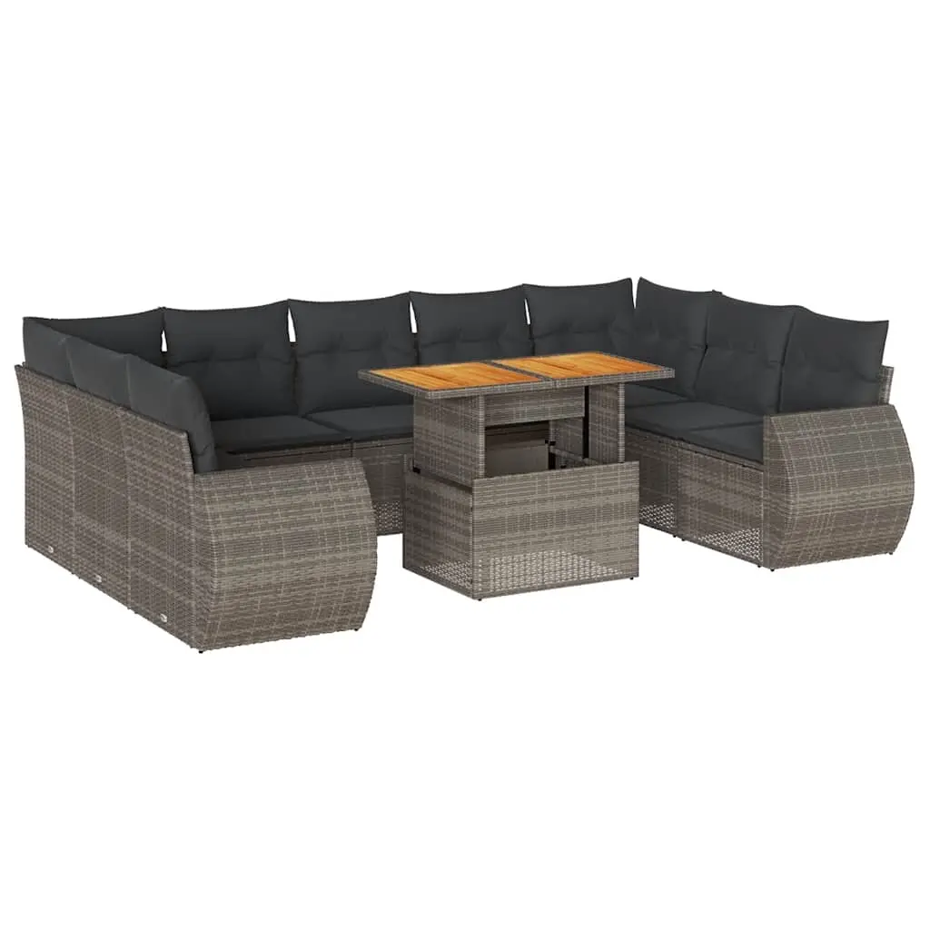 10 Piece Garden Sofa Set with Cushions Grey Poly Rattan 3327308 - Furniture