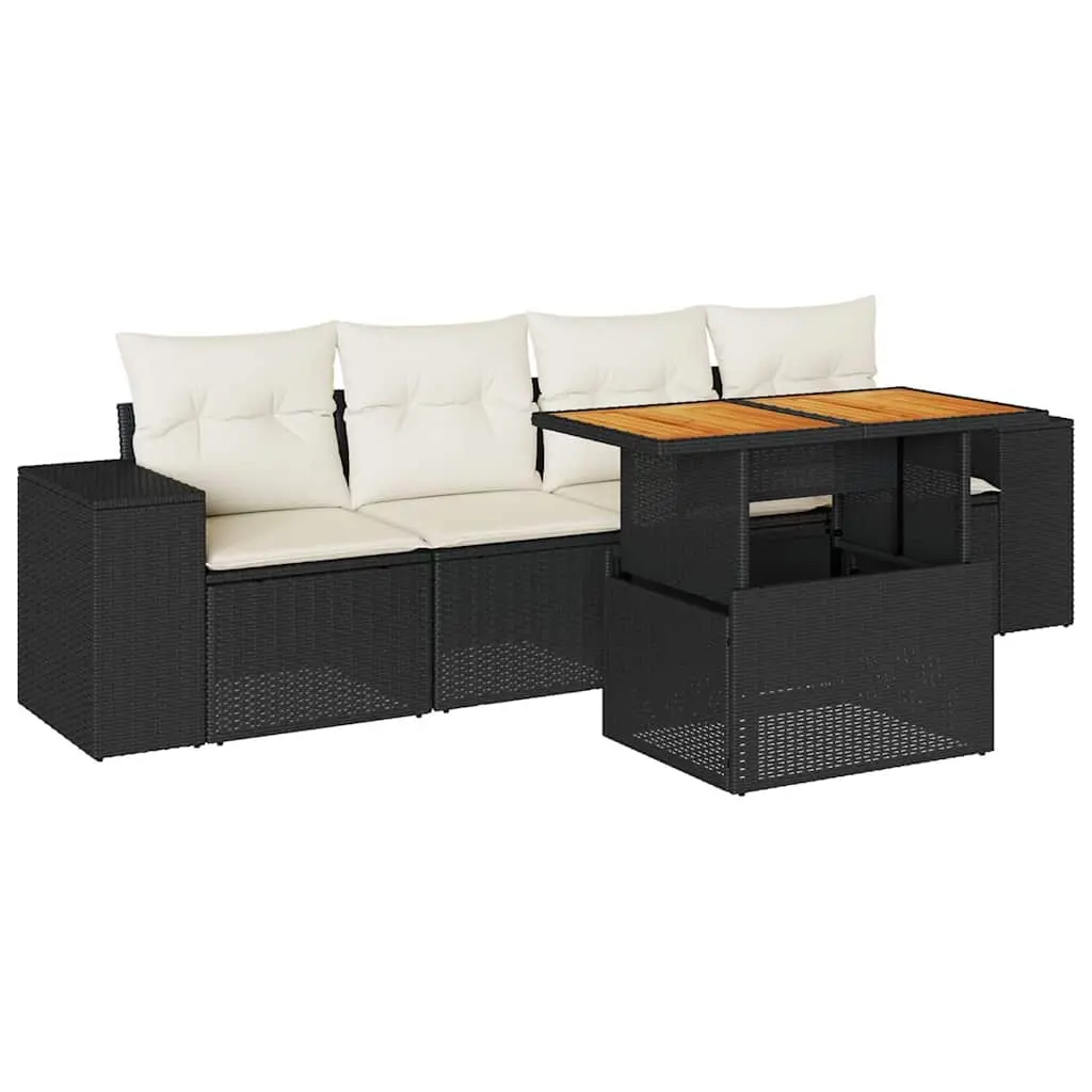 5 Piece Garden Sofa Set with Cushions Black Poly Rattan 3327318 - Furniture