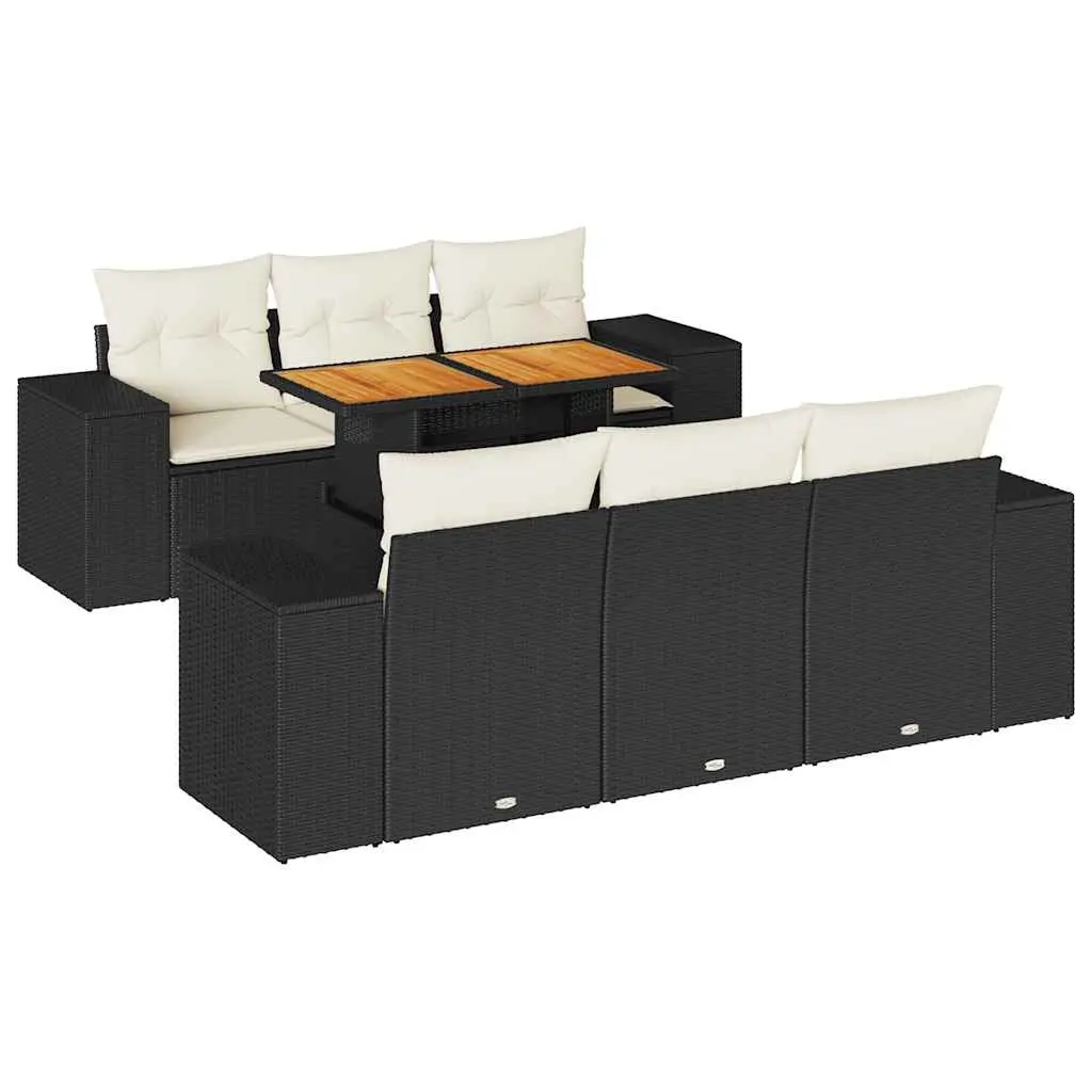 7 Piece Garden Sofa Set with Cushions Black Poly Rattan 3327332 - Furniture
