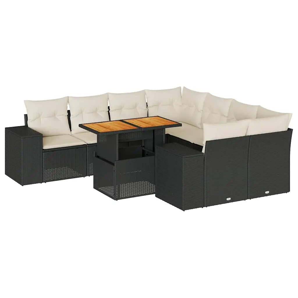 9 Piece Garden Sofa Set with Cushions Black Poly Rattan 3327353 - Furniture