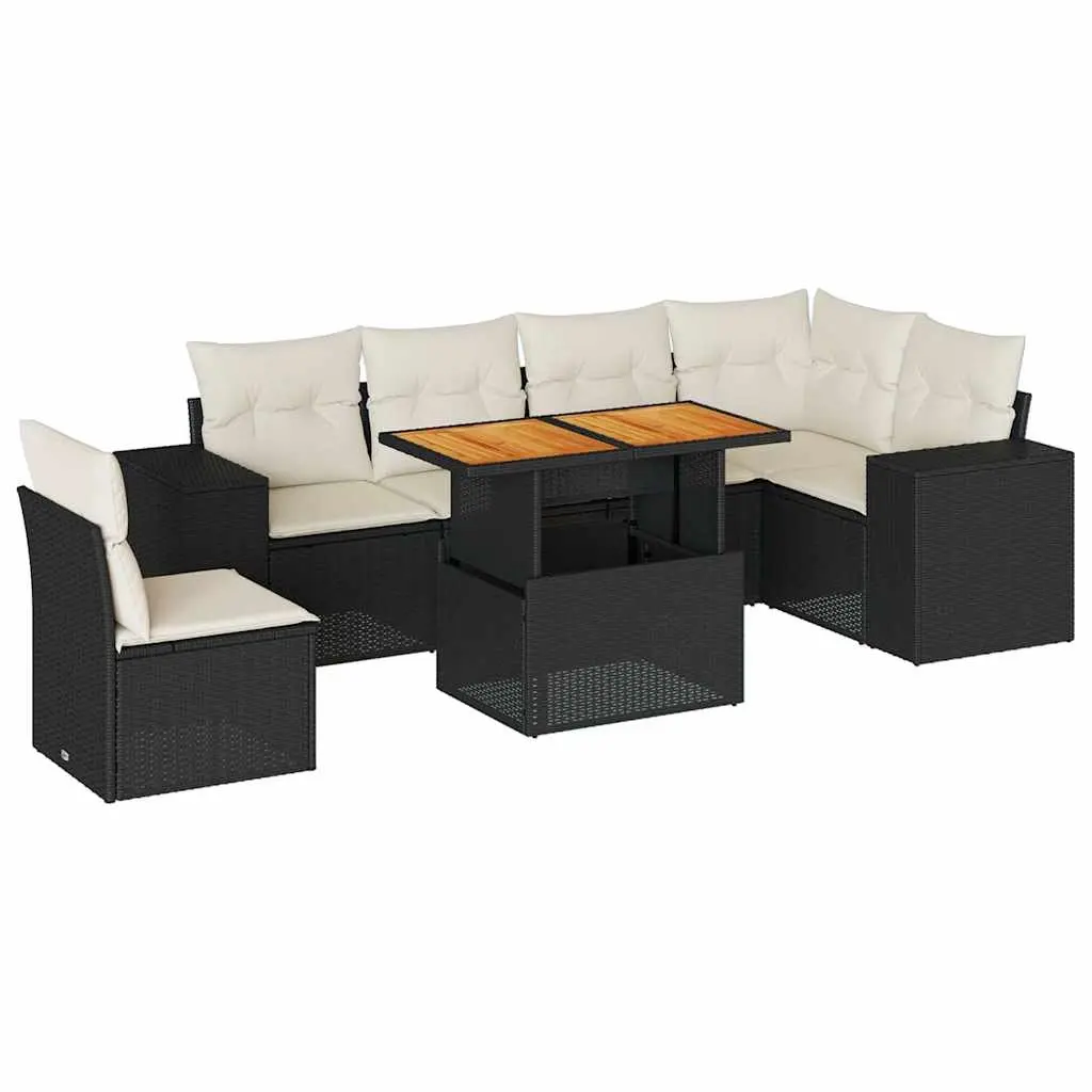 7 Piece Garden Sofa Set with Cushions Black Poly Rattan 3327381 - Furniture