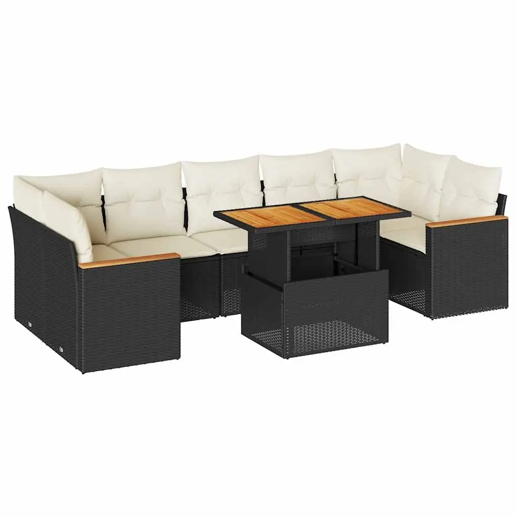 7 Piece Garden Sofa Set with Cushions Black Poly Rattan Acacia 3327458 - Furniture