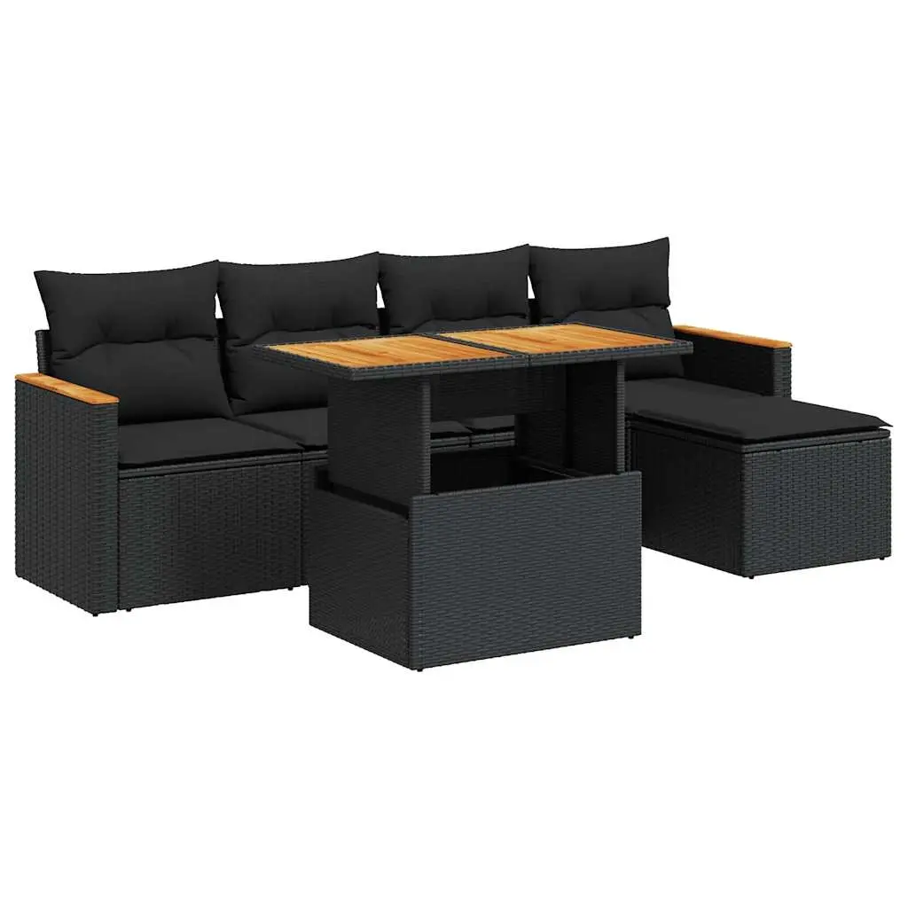 6 Piece Garden Sofa Set with Cushions Black Poly Rattan Acacia 3327471 - Furniture