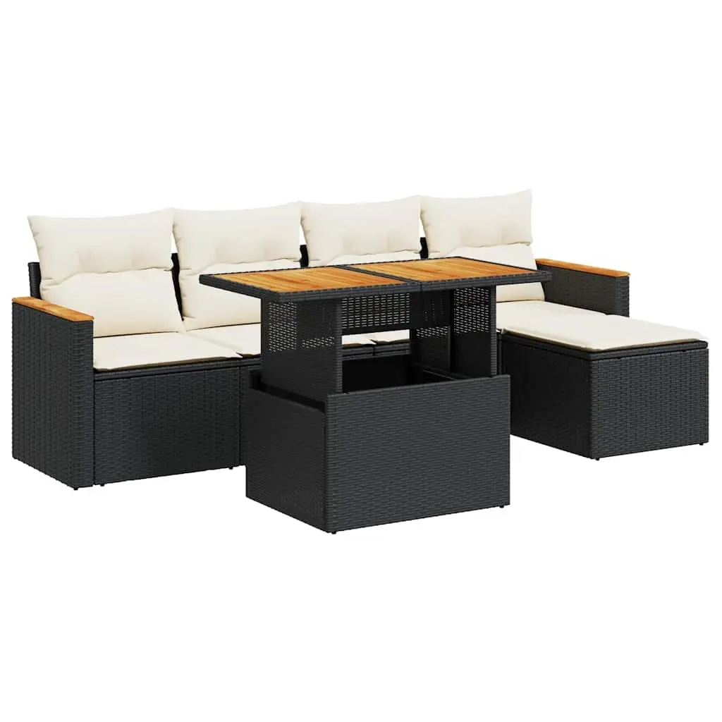 6 Piece Garden Sofa Set with Cushions Black Poly Rattan Acacia 3327472 - Furniture