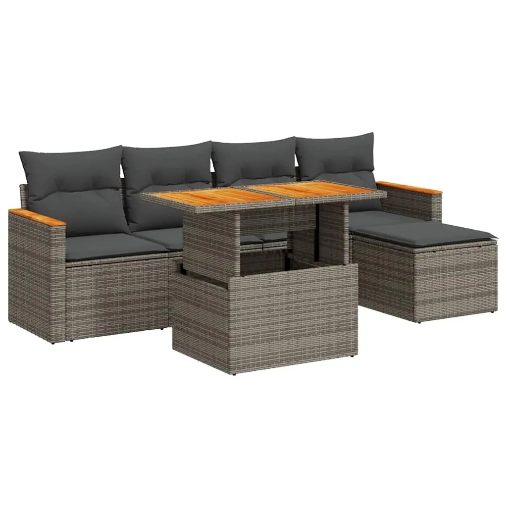 6 Piece Garden Sofa Set with Cushions Grey Poly Rattan Acacia 3327476 - Furniture