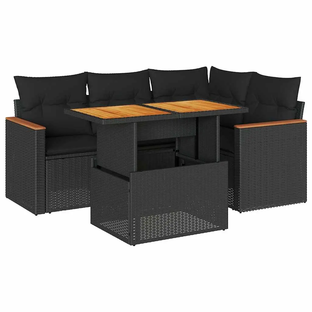 5 Piece Garden Sofa Set with Cushions Black Poly Rattan Acacia 3327478 - Furniture