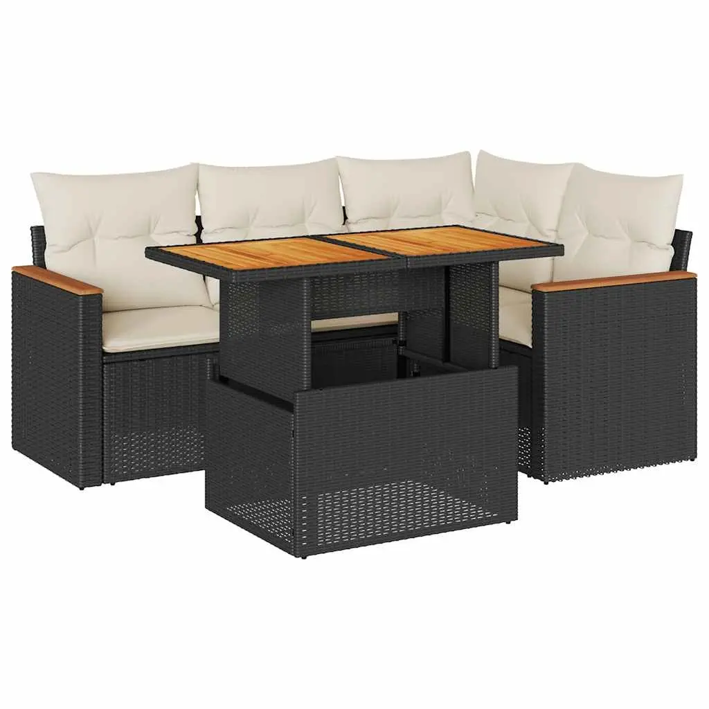 5 Piece Garden Sofa Set with Cushions Black Poly Rattan Acacia 3327479 - Furniture