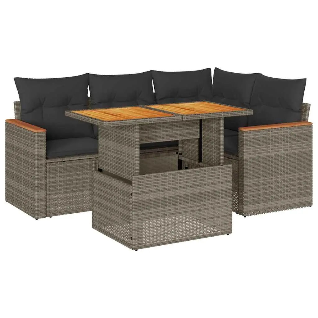 5 Piece Garden Sofa Set with Cushions Grey Poly Rattan Acacia 3327483 - Furniture