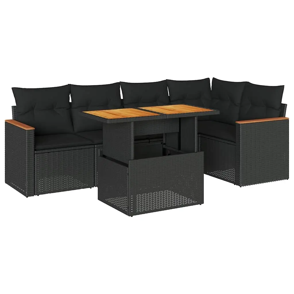 5 Piece Garden Sofa Set with Cushions Black Poly Rattan Acacia 3327485 - Furniture