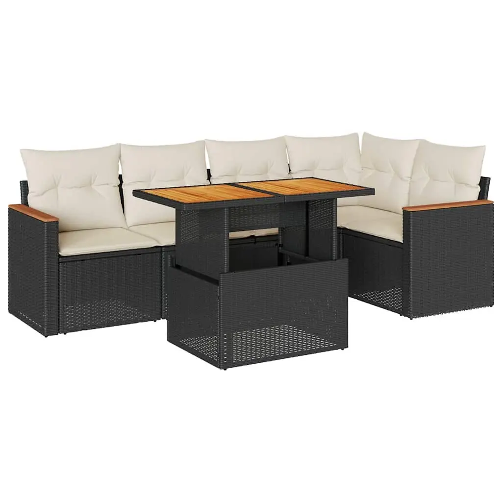 5 Piece Garden Sofa Set with Cushions Black Poly Rattan Acacia 3327486 - Furniture
