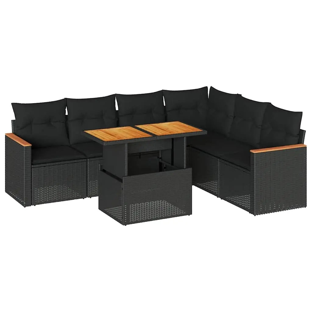 7 Piece Garden Sofa Set with Cushions Black Poly Rattan Acacia 3327492 - Furniture