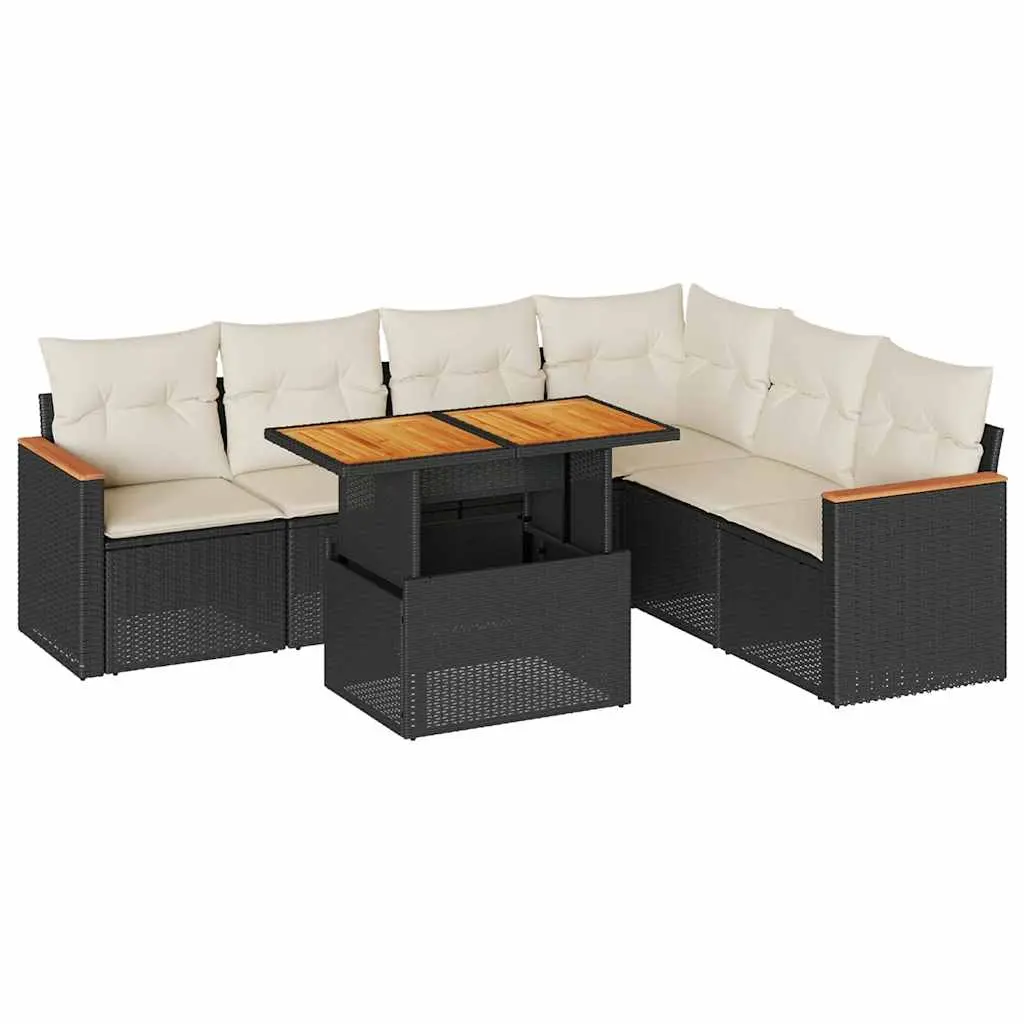 7 Piece Garden Sofa Set with Cushions Black Poly Rattan Acacia 3327493 - Furniture