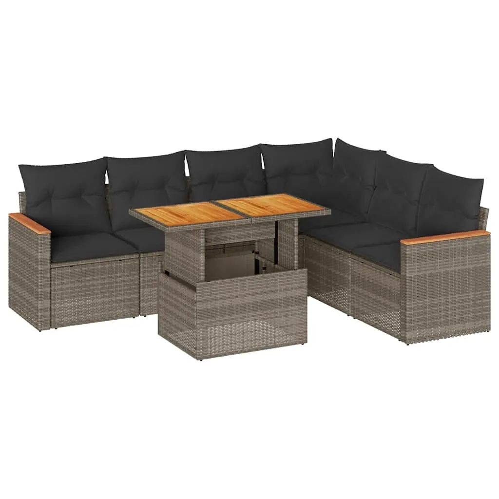 7 Piece Garden Sofa Set with Cushions Grey Poly Rattan Acacia 3327497 - Furniture
